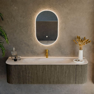 MONDIAZ KURVE-DLUX Meuble de salle de bains 160cm arrondi Gauche + Droite couleur Shadow avec 1 tiroir et 2 portes. Lavabo BIG MEDIUM Central 1 trou de robinet Meli.