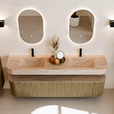 MONDIAZ THOR-DLUX 190cm meuble de salle de bains arrondi gauche + droite couleur Dusk avec 2 tiroirs et 2 portes. Vasque suspendue CLOUD Double 2 trous de robinet couleur Saba.