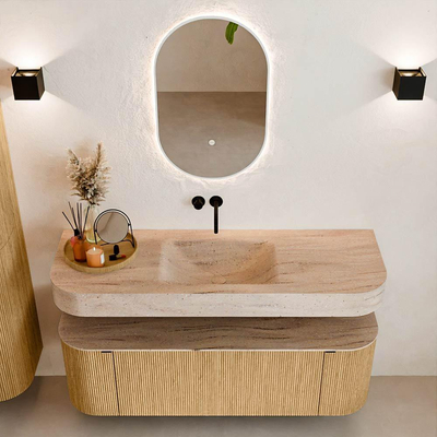 MONDIAZ THOR-DLUX 140cm meuble de salle de bains arrondi gauche + droite couleur Oak avec 1 tiroir et 2 portes. Vasque suspendue CLOUD Milieu sans trou de robinet couleur Saba.