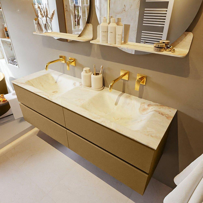 Mondiaz VICA-DLUX ensemble de meuble de salle de bain - 150cm - meuble sous-vasque oro - 4 tiroirs - lavabo encastré cloud double - sans trous de robinet - version haute de 60cm - frape