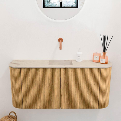 Mondiaz JOYA-DLUX 93.2cm toiletmeubel - ronding links en rechts kleur Oak - Wastafel FAYE positie Midden Zonder kraangat kleur Frappe.