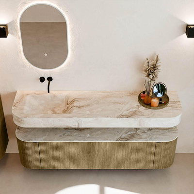 MONDIAZ THOR-DLUX Meuble de salle de bains 170cm arrondi gauche + droite couleur Dusk avec 1 tiroir et 2 portes. Vasque suspendue CLOUD Gauche sans trou de robinet couleur Frappe.