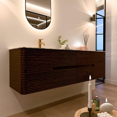 Mondiaz CIRO-DLUX Ensemble meuble de salle de bains - 170x45x50cm - Plan-vasque Solid surface Glace - 1 vasque à gauche - 1 trou de robinet - 4 tiroirs - Noyer