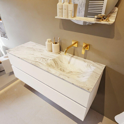 Mondiaz VICA-DLUX ensemble de meuble de salle de bain - 130cm - meuble sous lavabo talc - 2 tiroirs - lavabo encastré cloud droite - sans trous de robinet - version haute de 60cm - glace