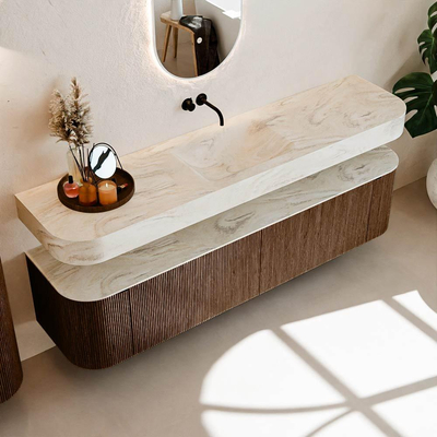 MONDIAZ THOR-DLUX 190cm meuble de salle de bains arrondi gauche + droite couleur Walnut avec 2 tiroirs et 2 portes. Vasque suspendue CLOUD Milieu sans trou de robinet couleur Ostra.