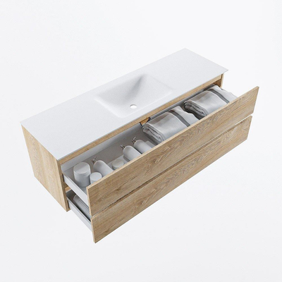 MONDIAZ VICA meuble sous lavabo 150cm Chêne blanchi 2 tiroirs. Lavabo CLOUD central sans trou de robinet, couleur Talc.