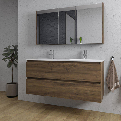 Saniclass Chaci Meuble de salle de bain - 120x46x55cm - lavabo en céramique blanc - 2 vasques ovales - 2 trous de robinet - 2 tiroirs - armoire miroir - noyer (hout)