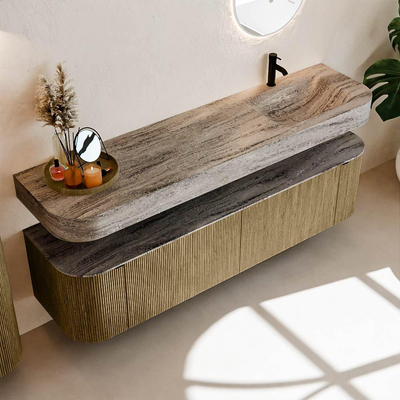 MONDIAZ THOR-DLUX 180cm meuble de salle de bains arrondi gauche + droite couleur Dusk avec 2 tiroirs et 2 portes. Vasque suspendue CLOUD Droite 1 trou de robinet couleur Oza.