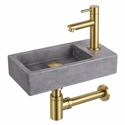 Fortifura Fuente pack lave-mains – rectangulaire – 40 x 22 x 8 cm – béton gris – robinet doré mat