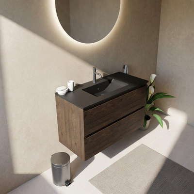Saniclass Holz Pure Ensemble de meubles de salle de bains - 100x45x62cm - lavabo en céramique Vygo noir - 1 vasque - 1 trou de robinetterie - 2 tiroirs - chêne charcoal mat (bois)
