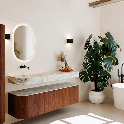 MONDIAZ THOR-DLUX 160cm meuble de salle de bains arrondi gauche + droite couleur Ruby avec 1 tiroir et 2 portes. Vasque suspendue CLOUD Gauche sans trou de robinet couleur Glace.