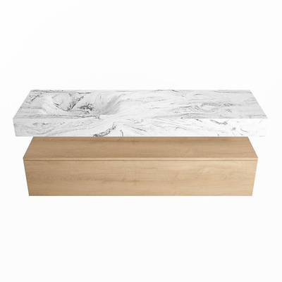 MONDIAZ ALAN - DLUX Badkamermeubelset - 150cm - onderkast - Washed Oak - 1 lade - vrijhangende wastafel - wasbak links - 0 kraangaten - Glace