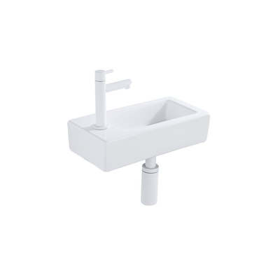QeramiQ Fuente pack lave-mains – 37,5 x 18,5 x 9 cm – céramique blanc brillant – perçage à gauche – robinet blanc mat