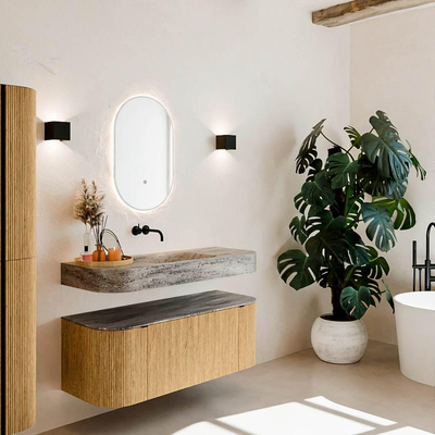 MONDIAZ THOR-DLUX 120cm meuble de salle de bains arrondi gauche + droite couleur Oak avec 1 tiroir et 2 portes. Vasque suspendue CLOUD Centre sans trou de robinet couleur Oza.