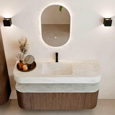 MONDIAZ THOR-DLUX Meuble de salle de bains 140cm arrondi gauche + droite couleur Walnut avec 1 tiroir et 2 portes. Vasque suspendue CLOUD Milieu 1 trou de robinet couleur Opalo.