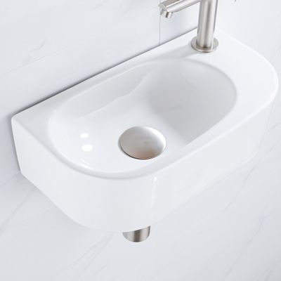 QeramiQ Fuente Ensemble de Lavabo - 40x21.5x12cm - droit - lisse - demi-rond - 1 trou de robinet - céramique - ensemble de robinet en acier inoxydable brossé - bouchon de vidange - siphon réduit - blanc brillant