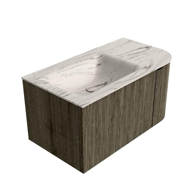 MONDIAZ KURVE-DLUX Meuble de salle de bains 85 cm arrondi à droite couleur Shadow avec 1 tiroir et 1 porte. Lavabo CLOUD à gauche 1 trou de robinet Nata.