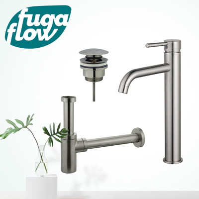 FugaFlow Eccelente Sobrado Badkamer Wastafelkraanset - verhoogde wastafelkraan - klikwaste plug - design sifon - PVD Geborsteld RVS