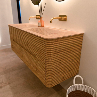 Mondiaz CIRO-DLUX Badkamermeubelset - 140x45x50cm - Solid surface wastafel Saba - 2 wasbak Dubbel - zonder kraangaten - 4 lades - Oak