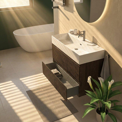 Saniclass Holz Atelier Ensemble meuble de salle de bains - 100x45x72cm - lavabo Legend en céramique blanc - 1 vasque - 1 trou de robinetterie - 2 tiroirs - chêne charcoal mat (bois)