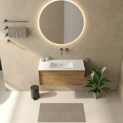 Saniclass Holz Frame Ensemble meuble de salle de bains - 100x45x42cm - lavabo Vygo en céramique blanc - 1 vasque - sans trou de robinet - 1 tiroir - chêne natural mat (bois)