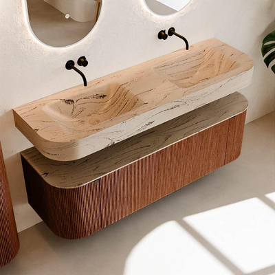 MONDIAZ THOR-DLUX 150cm meuble de salle de bains arrondi gauche + droite couleur Ruby avec 1 tiroir et 2 portes. Vasque suspendue CLOUD Double sans trou de robinet couleur Arena.