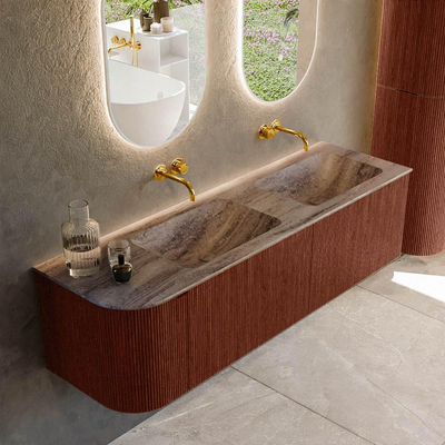 MONDIAZ KURVE-DLUX Meuble de salle de bains 155cm arrondi à gauche couleur Ruby avec 2 tiroirs et 1 porte. Lavabo LEAF Double / Droite sans trou de robinet Oza.