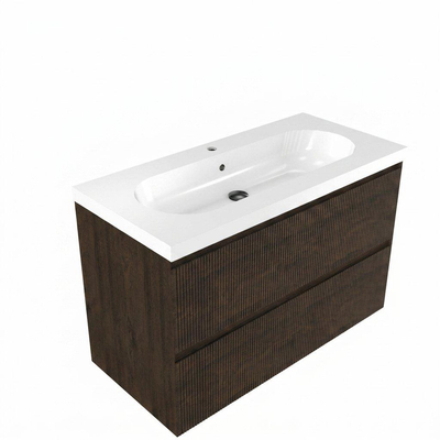 Saniclass Holz Atelier Ensemble de meubles de salle de bains - 100x45x63.5cm - lavabo en céramique Palermo blanc - 1 vasque - 1 trou de robinetterie - 2 tiroirs - chêne charcoal mat (bois)