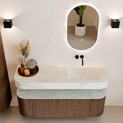 MONDIAZ THOR-DLUX 140cm meuble de salle de bains arrondi gauche + droite couleur Walnut avec 1 tiroir et 2 portes. Vasque suspendue CLOUD droite sans trou de robinet couleur Opalo.