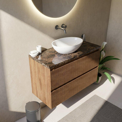 Saniclass Holz Atelier Ensemble de meubles de salle de bains - 100x45x63cm - Plan de toilette en pierre naturelle Noche dark emperador - sans trou de robinetterie - 2 tiroirs - chêne natural mat (bois)