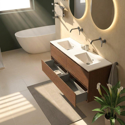 Saniclass Holz Pure Ensemble de meubles de salle de bains - 140x45x62cm - lavabo Vygo en céramique blanc - 2 vasques - sans trous de robinetterie - 4 tiroirs - brillant walnut pure (bois)