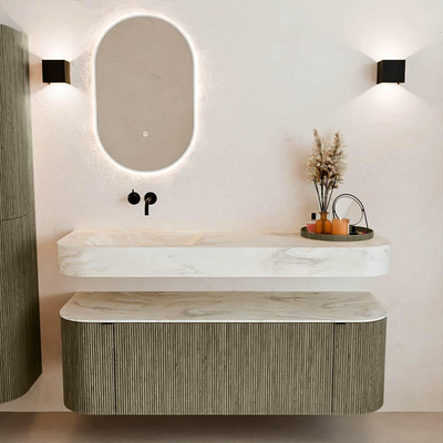 MONDIAZ THOR-DLUX 140cm meuble de salle de bains arrondi gauche + droite couleur Shadow avec 1 tiroir et 2 portes. Vasque suspendue CLOUD Gauche sans trou de robinet couleur Ostra.