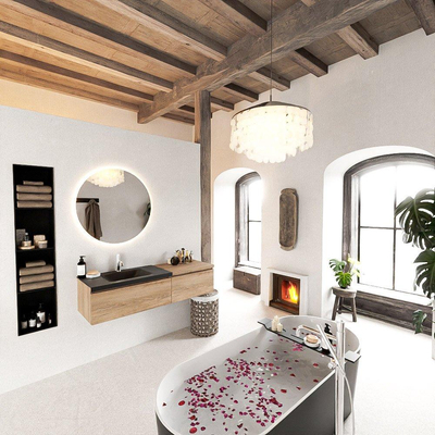 MONDIAZ BUKLA meuble de salle de bain 140 cm avec module 60 couleur Chêne blanchi avec 2 tiroirs. Lavabo CLOUD à gauche 1 trou de robinet couleur Urbaine.