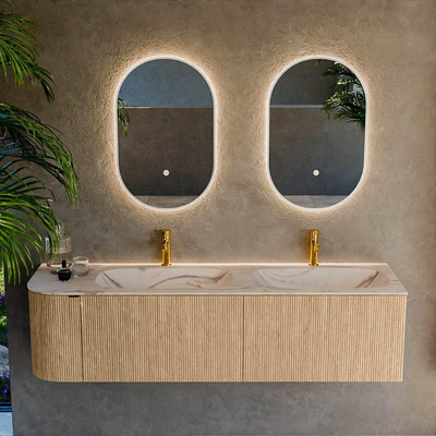 MONDIAZ KURVE-DLUX Meuble de salle de bains 165cm arrondi à gauche couleur Oak avec 2 tiroirs et 1 porte. Lavabo STOR SMALL Double / Droite 2 trous de robinet Nata.
