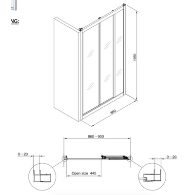 Nemo Start Profi schuifdeur - 86x195cm - inbouwmaat 86-90cm - helder - veiligheidsglas - 5mm - 3-deuren - zonder greep - 860-900mm