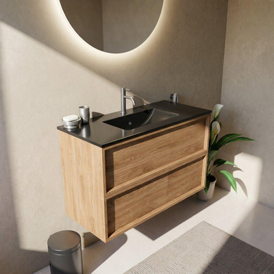 Saniclass Holz Frame Ensemble de meubles de salle de bains - 100x45x62cm - Vasque Vygo en céramique noire - 1 vasque - 1 trou de robinetterie - 2 tiroirs - chêne natural mat (bois)
