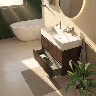 Saniclass Holz Atelier Ensemble meuble de salle de bains - 100x45x72cm - lavabo Legend en céramique blanc - 1 vasque - 2 trous de robinet - 2 tiroirs - chêne charcoal mat (bois)