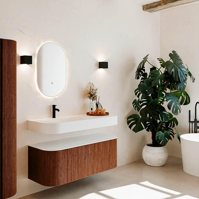 MONDIAZ THOR 120cm meuble de salle de bains arrondi gauche + droite couleur Ruby avec 1 tiroir et 2 portes. Vasque suspendue CLOUD Gauche 1 trou de robinet couleur Talc.