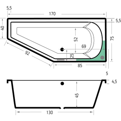 Xenz Lagoon Baignoire d'angle - 170x75x48 - bonde au milieu - Droite - Compact - acrylique - blanc mat