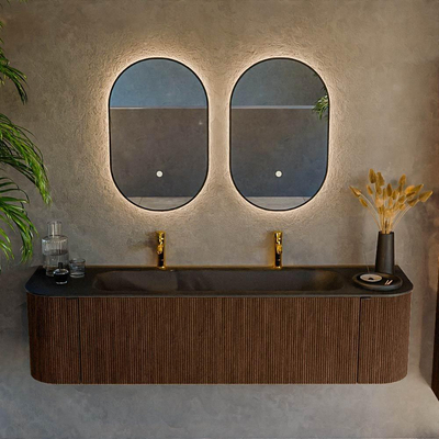 MONDIAZ KURVE Meuble de salle de bains 170 cm avec module 25 Len R couleur Walnut avec 1 tiroir et 2 portes. Lavabo BIG LARGE central 2 trous de robinet Urban.