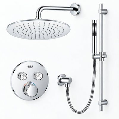 Grohe - Adema Rise regendoucheset – Ø30 cm hoofddouche – 20 cm gebogen wandarm – staafhanddouche – 2 functies – chroom