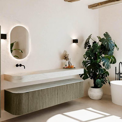 MONDIAZ THOR-DLUX 200cm meuble de salle de bains arrondi gauche + droite couleur Shadow avec 2 tiroirs et 2 portes. Vasque suspendue CLOUD Gauche sans trou de robinet couleur Opalo.