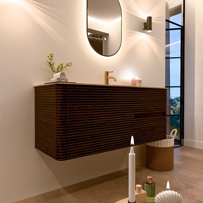 Mondiaz CIRO-DLUX Ensemble de meubles de salle de bains - 120x45x50cm - Plan vasque solid surface Arena - 1 lavabo à droite - 1 trou de robinet - 2 tiroirs - Noyer