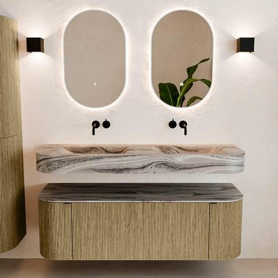 MONDIAZ THOR-DLUX 140cm meuble de salle de bains arrondi gauche + droite couleur Dusk avec 1 tiroir et 2 portes. Vasque suspendue CLOUD Double sans trou de robinet couleur Sombra.