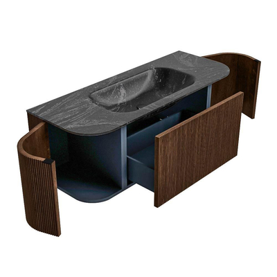 MONDIAZ KURVE-DLUX 120cm badmeubel met module 25 Len R kleur Walnut met 1 lade en 2 deuren. Wastafel BIG SMALL midden zonder kraangat kleur Lava.