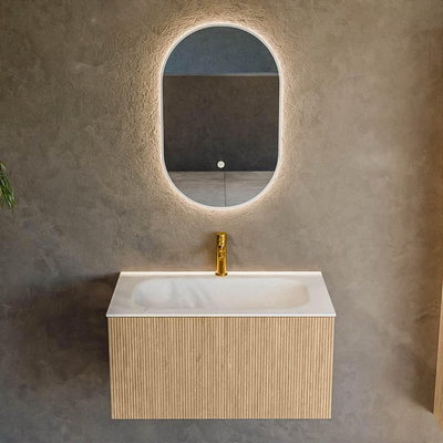 MONDIAZ KURVE 80cm Meuble salle de bain - couleur Oak - 1 tiroir - vasque BIG SMALL centre - 1 trou de robinet - Talc