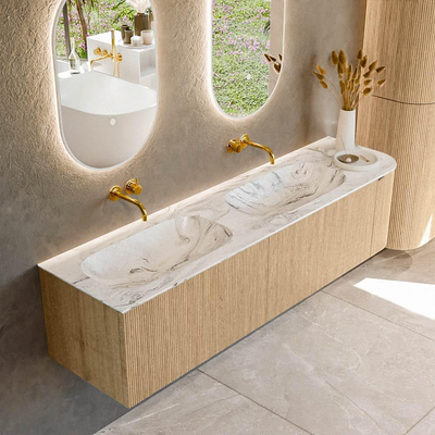 MONDIAZ KURVE-DLUX meuble de salle de bains 175 cm avec module 25 R couleur Chêne avec 2 tiroirs et 1 porte. Lavabo STOR SMALL double / gauche sans trou de robinet couleur Glace.