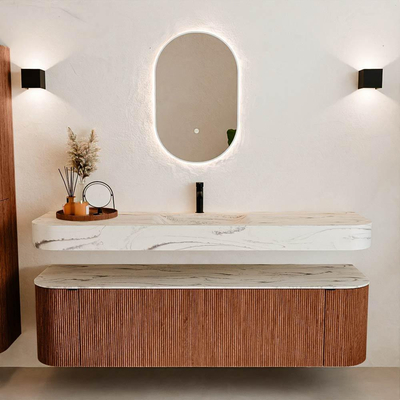 MONDIAZ THOR-DLUX Meuble de salle de bains - 170cm - arrondi gauche + droite - couleur Ruby - 1 tiroir - 2 portes - Vasque suspendue CLOUD Milieu 1 trou de robinet - couleur Nata