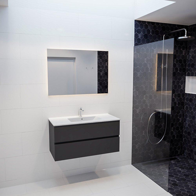 ENSEMBLE DE MEUBLE MONDIAZ VICA - 100cm - 2 tiroirs - lavabo Denia central - 1 trou de robinet - solid surface gris foncé