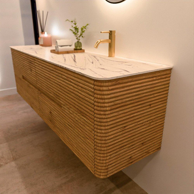 Mondiaz CIRO-DLUX Ensemble de meubles de salle de bains - 170x45x50cm - Plan vasque Solid surface Nata - 1 vasque à droite - 1 trou de robinet - 4 tiroirs - Chêne